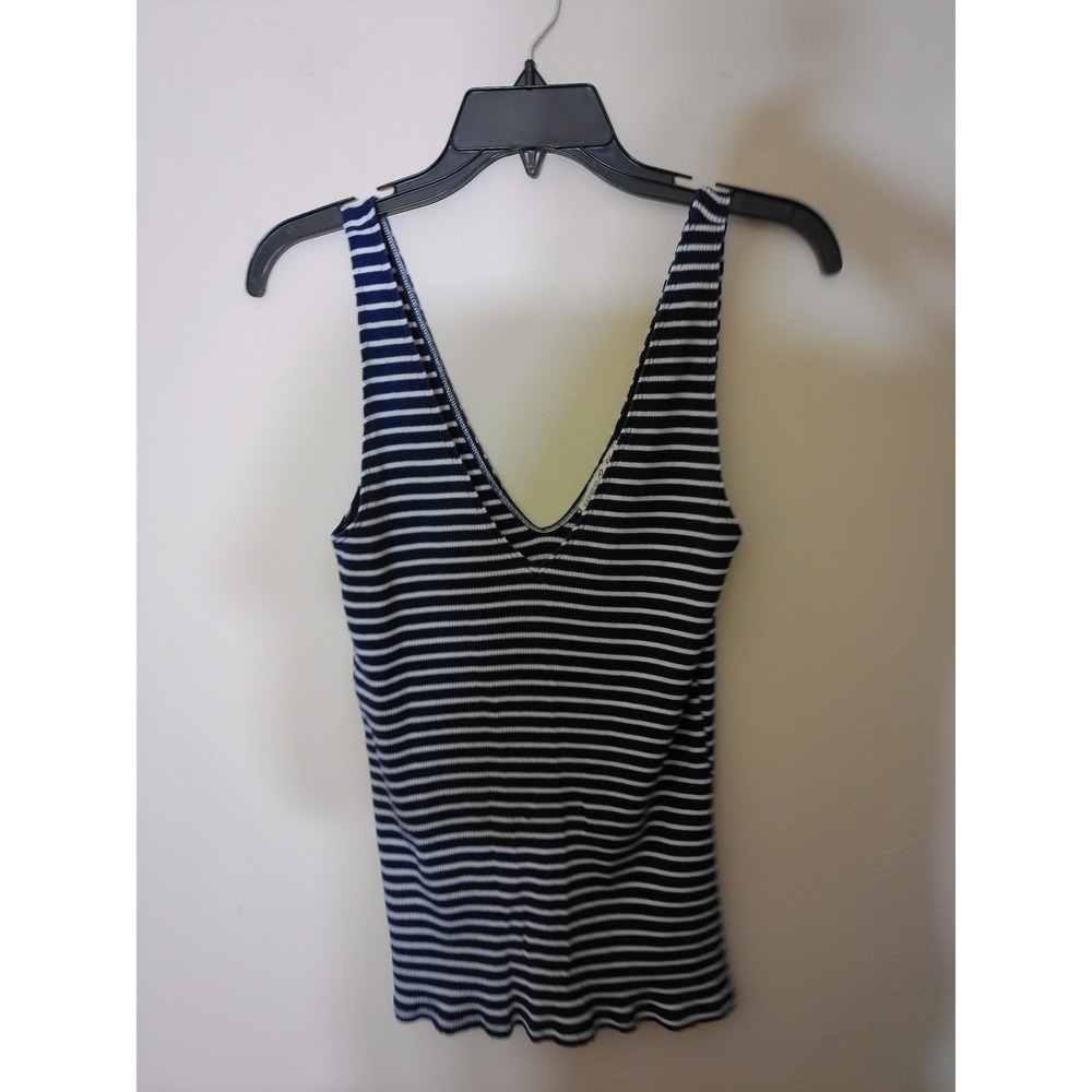 Express One Eleven Tank Top Womens L Blue White Striped Ribbed V-Neck Coastal